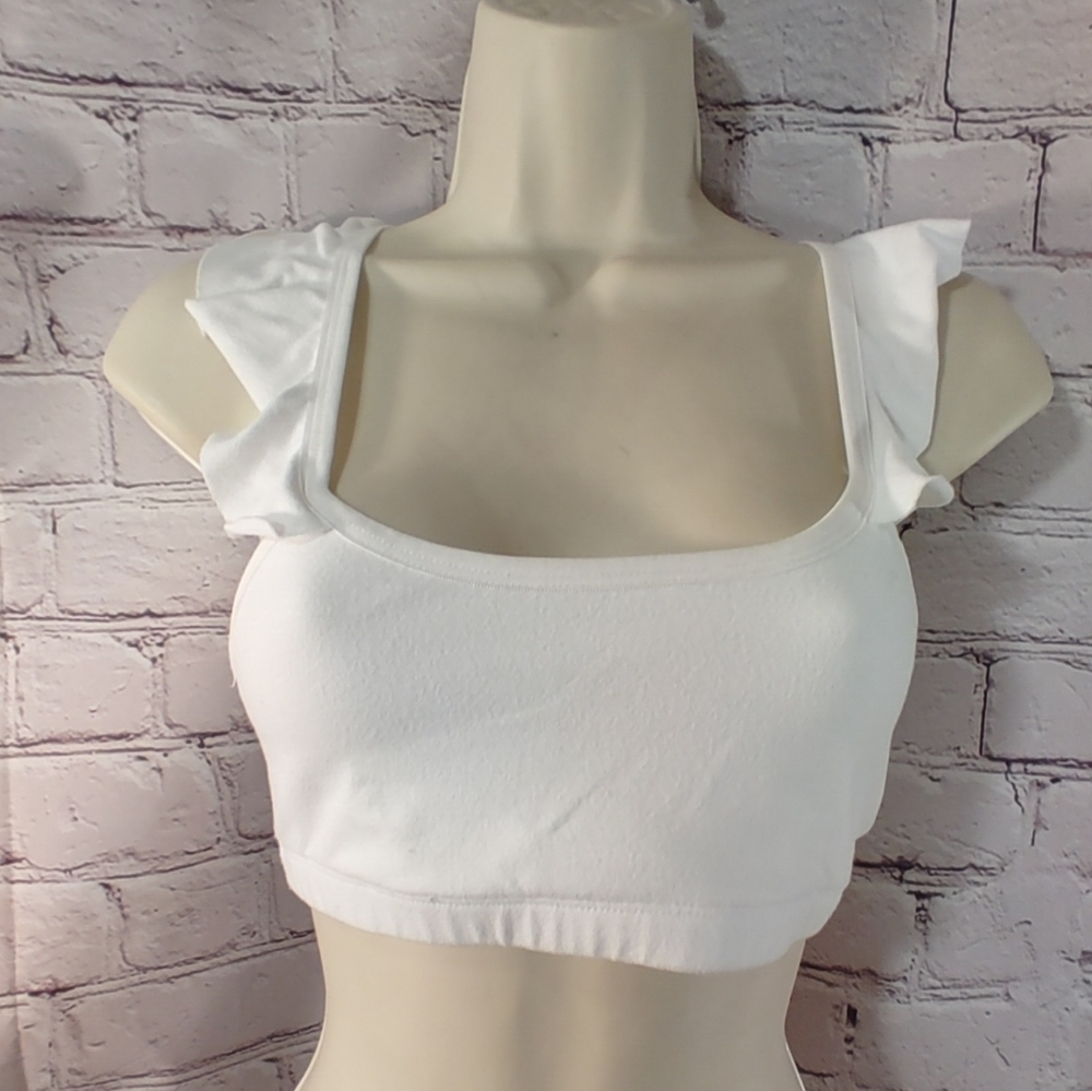 Beyond Yoga White Square Neck Ruffle Sports Bra S